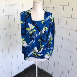 Alfani Women's Blue Floral Surplice Neck Sleeveless Faux Wrap Blouse sz Medium